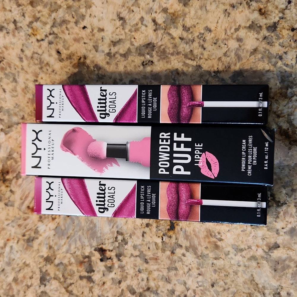 NYX Glitter Goals Powder Puff Lipstick Gloss Bundle. Set of 3 Liquid Lipsticks